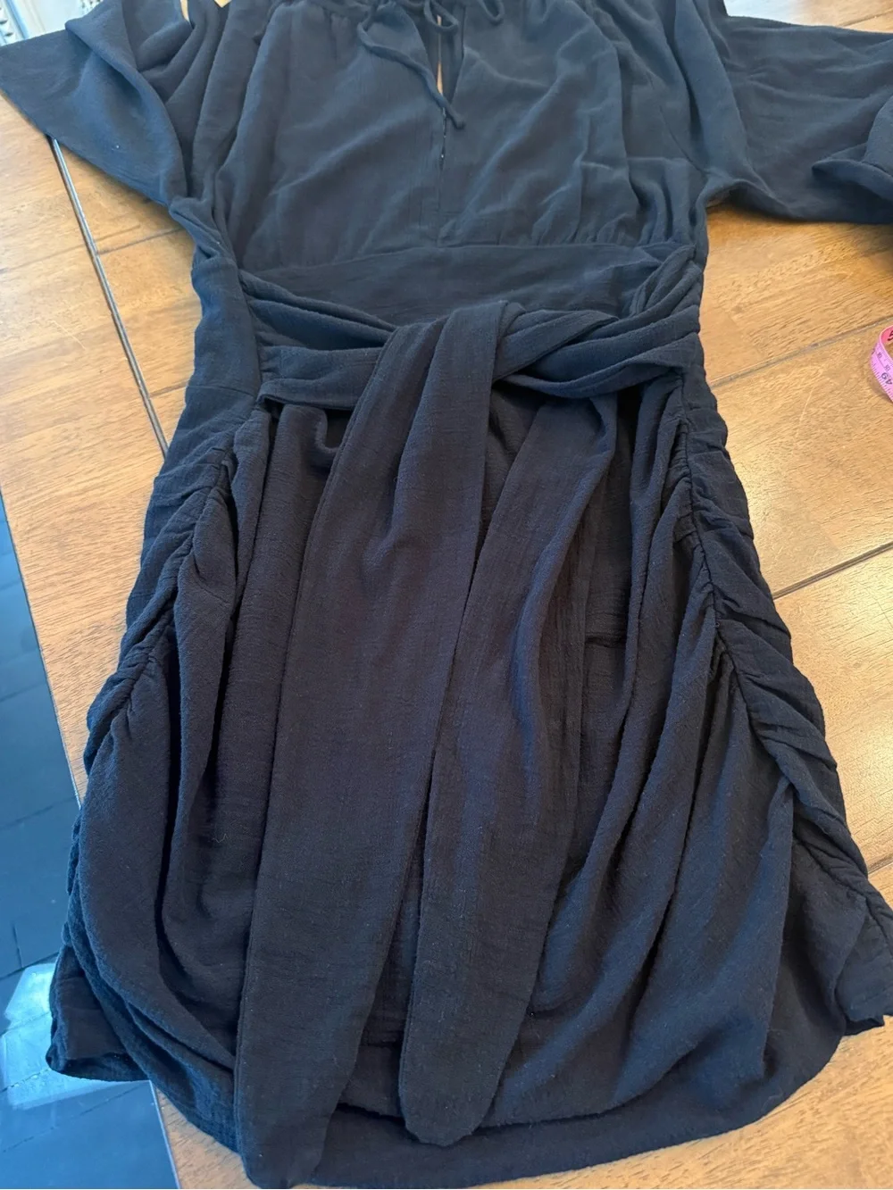Free People Black Ruched Button-Front “Keep You” Mini Dress Long Sleeve bohochic